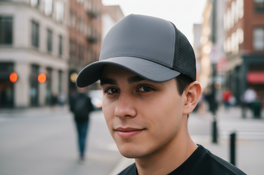 A gray trucker hat with foam mesh and an adjustable snapback closure.