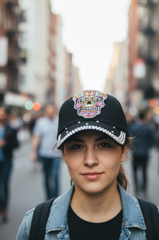 Black cap with a colorful skull design and rhinestone embellishments on a white background