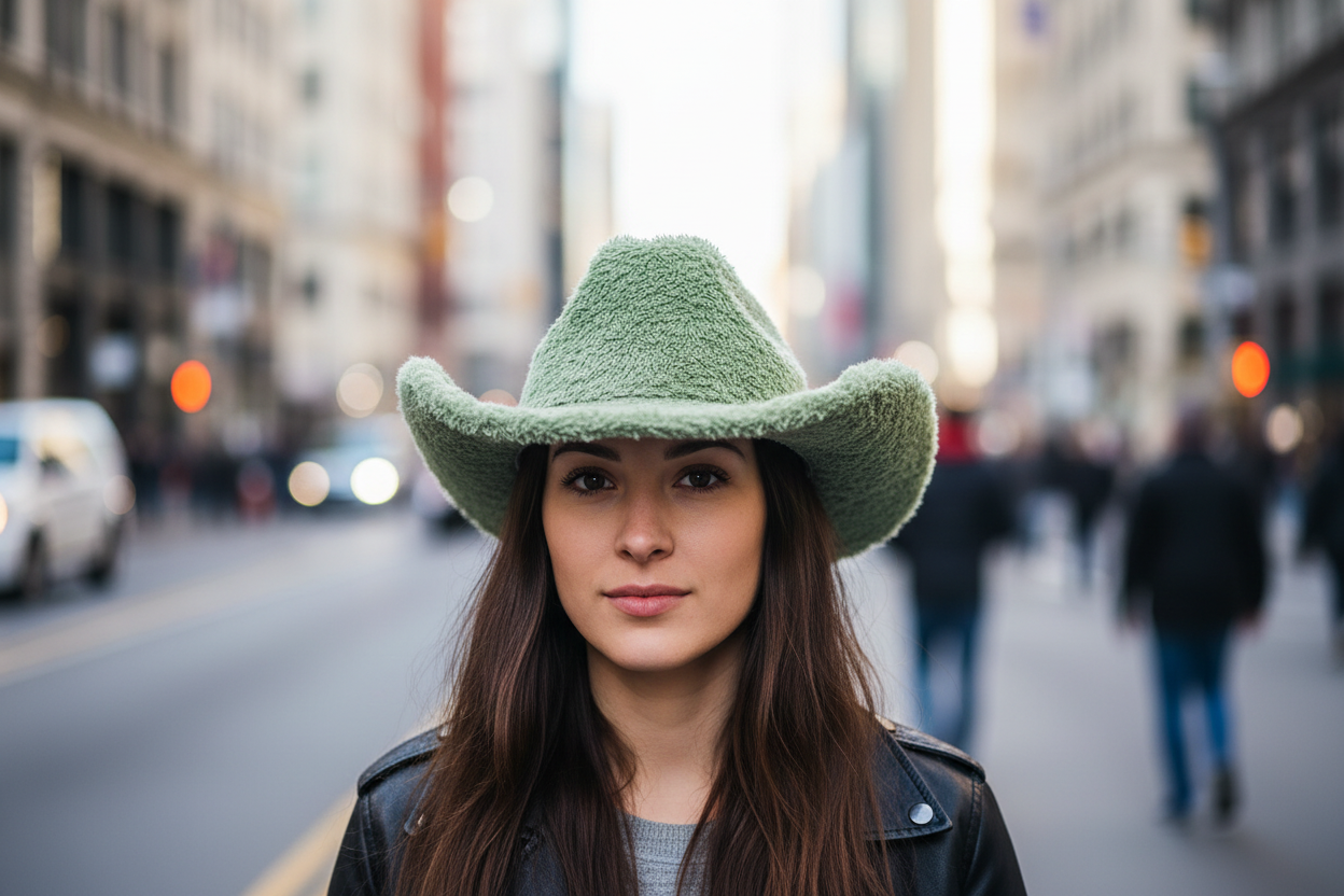 A mint green faux rabbit fur western cowboy hat with a woolen texture.