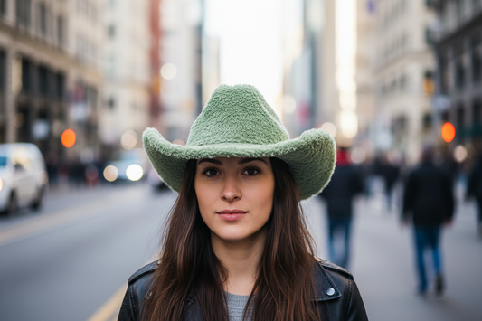 A mint green faux rabbit fur western cowboy hat with a woolen texture.