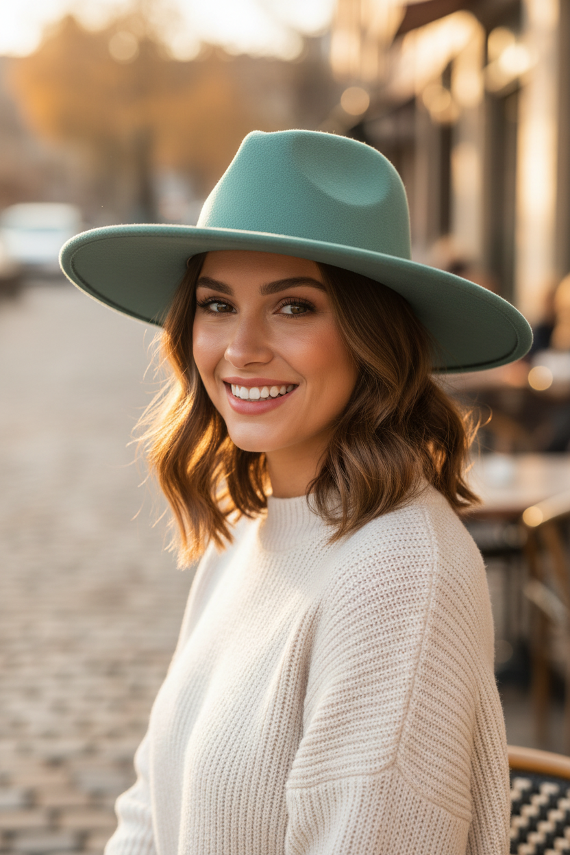 Teal wide-brimmed hat with braided detail on a white background