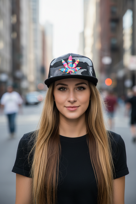 A black camouflage baseball cap with a colorful embroidered maple leaf on the front.