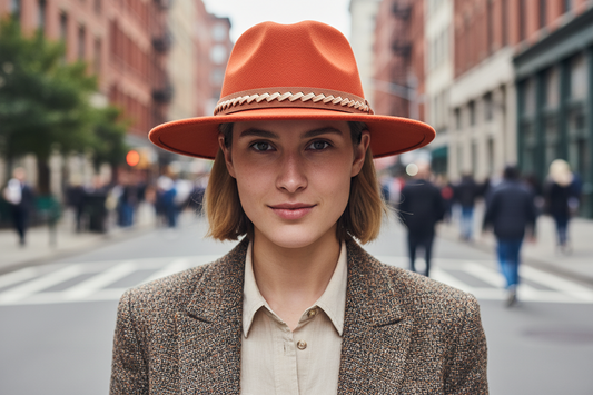 A brown felt fedora hat with a decorative woven band.