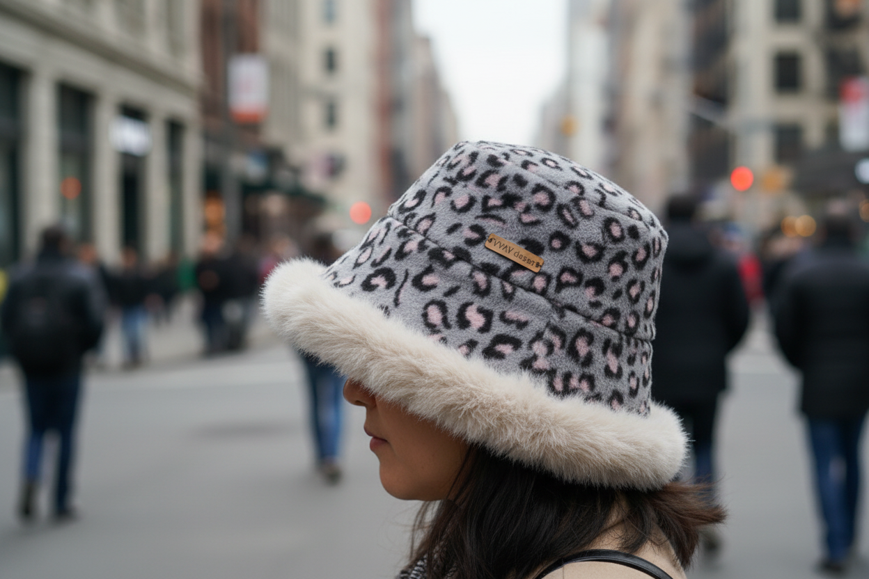 Gray leopard print beanie with fur trim on a white background