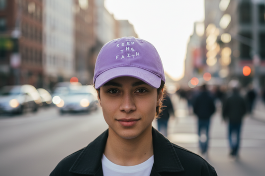Purple baseball cap with 'Keep The Faith' text on a light gray background