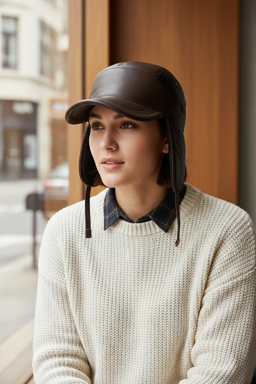 Strawberry Leather Winter Peaked Cap – Adjustable Cowhide