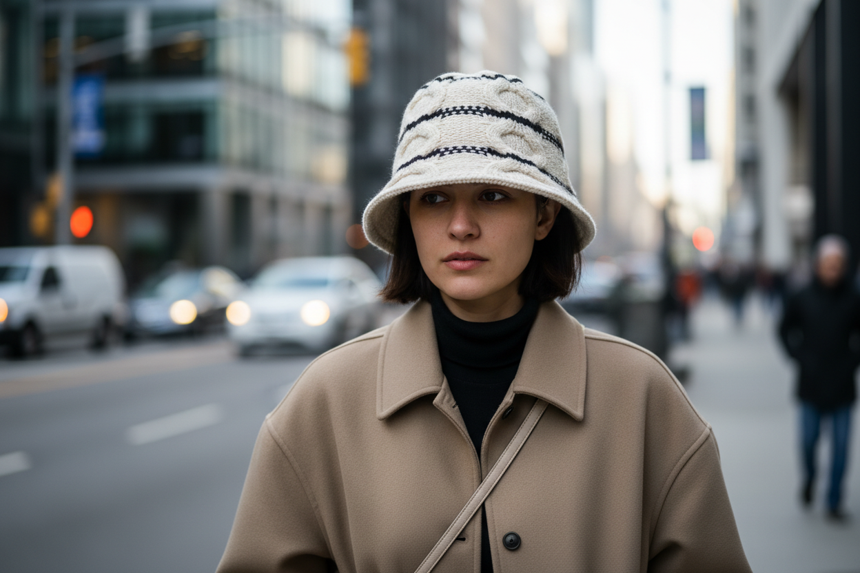 Knitted bucket hat with black cable patterns on a white background