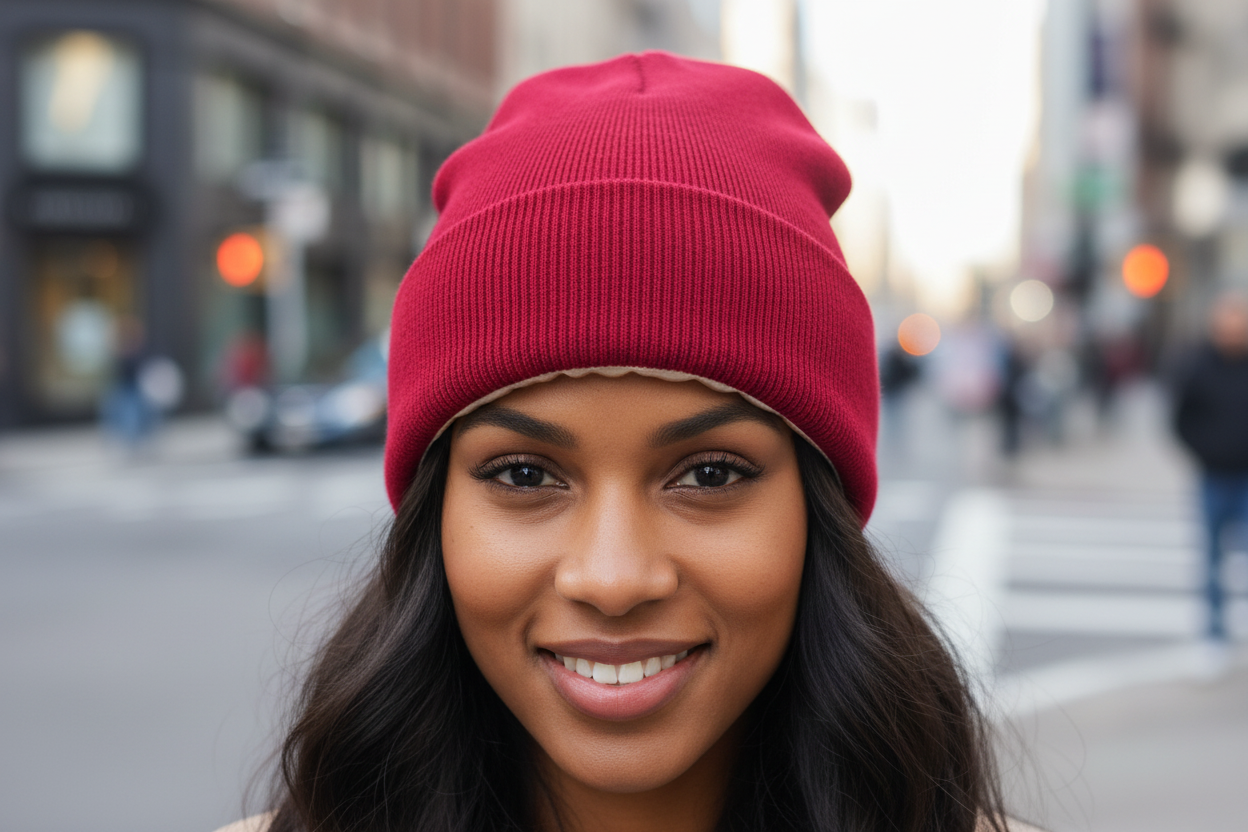 Red knit beanie with beige interior on a white background