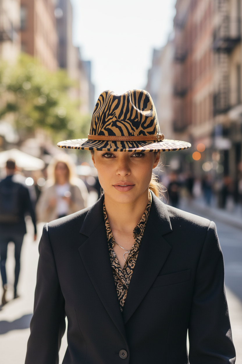 Zebra print hat with a brown band on a white background