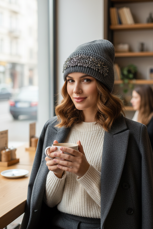 Florence Rhinestone Beanie – Winter Dome Cap, Size M