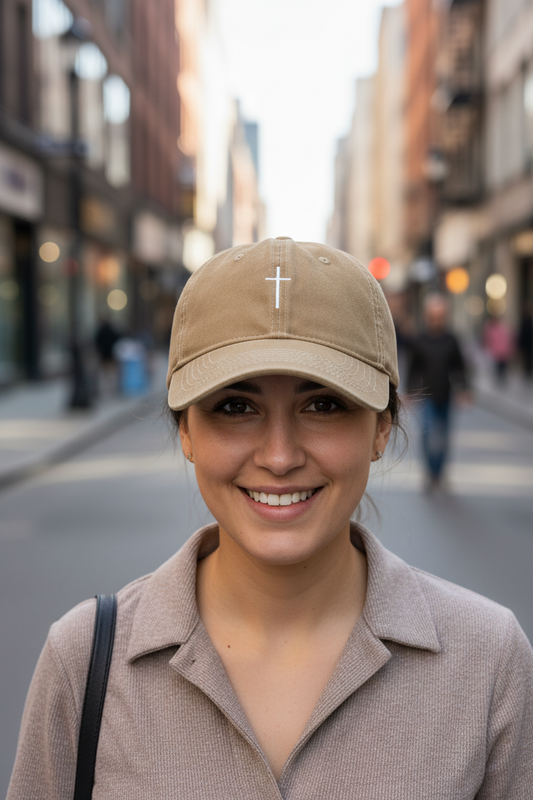 A black baseball cap with a white embroidered cross on the front.