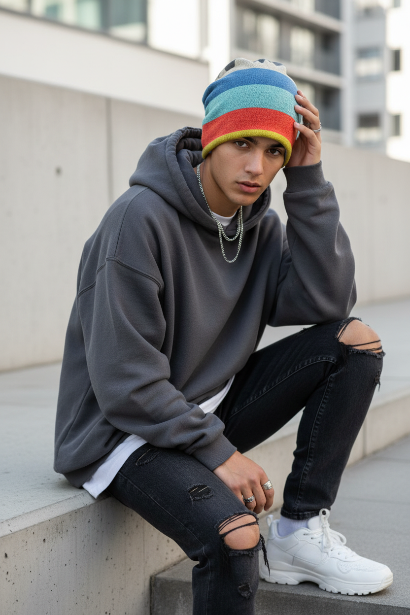 Haney Striped Cashmere Ear Protection Beanie Hat