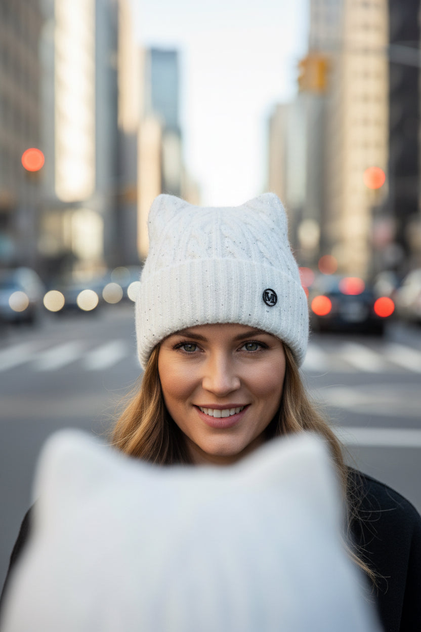 White knit beanie with a logo on a white background