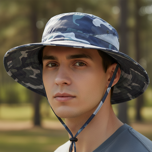 Camouflage-patterned wide-brimmed hat on a light gray background