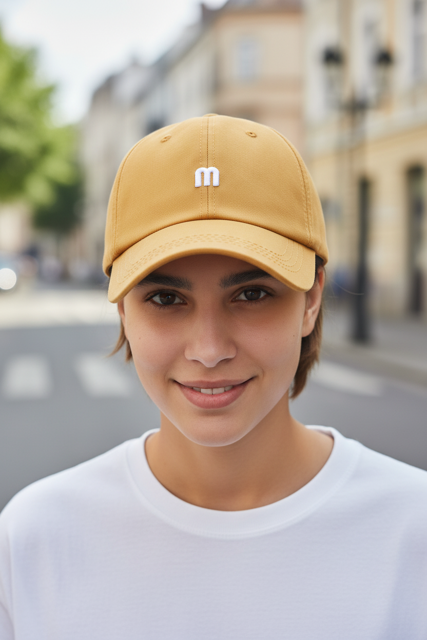 Yellow cap with a white 'm' logo on a white background