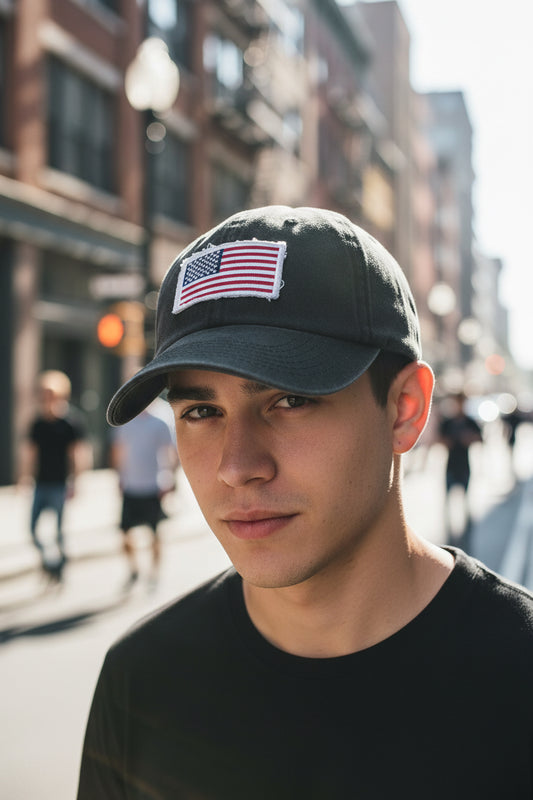 A beige baseball cap with a distressed American flag patch on the front.