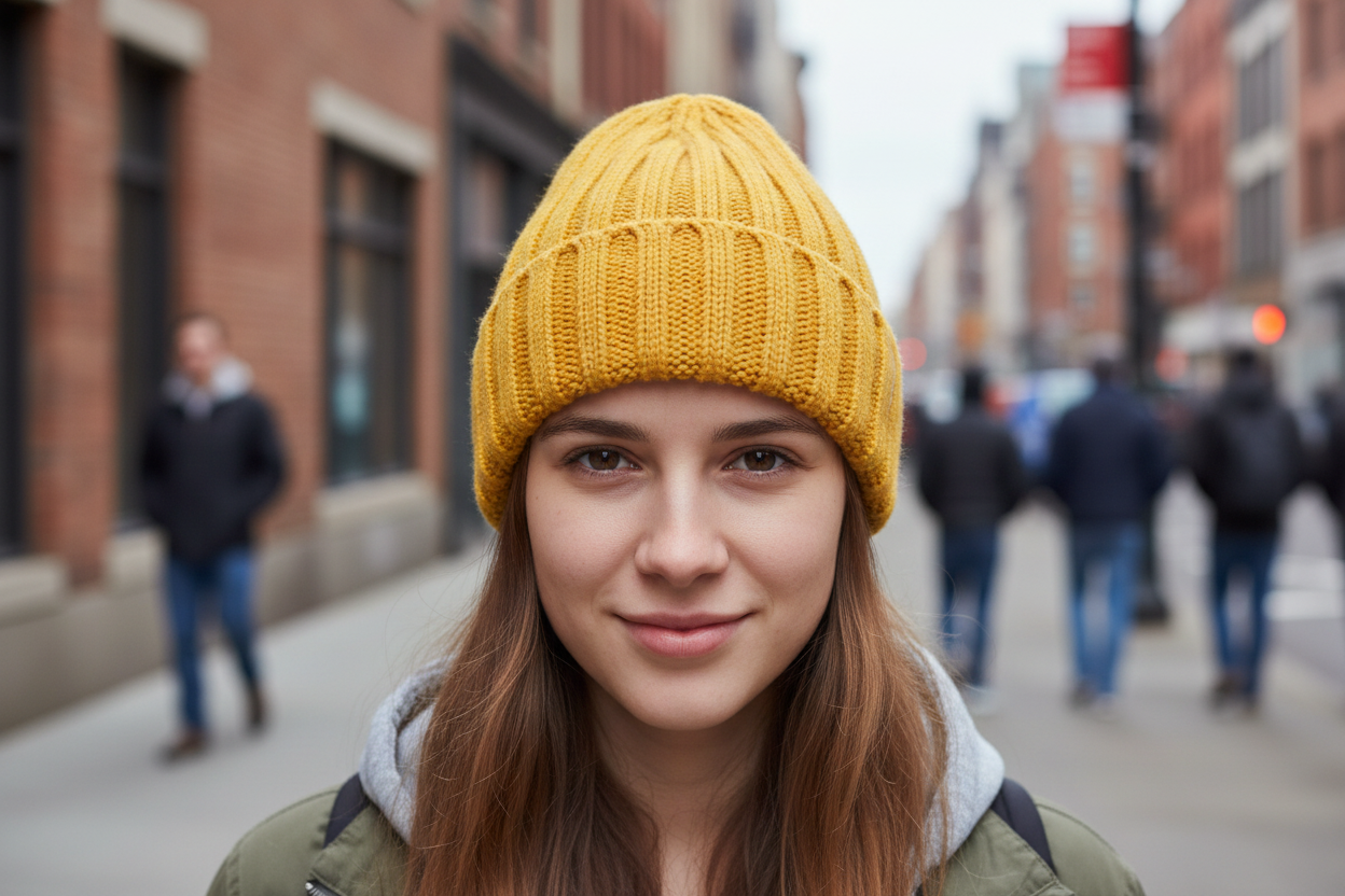 Person wearing a yellow knit beanie on a city street