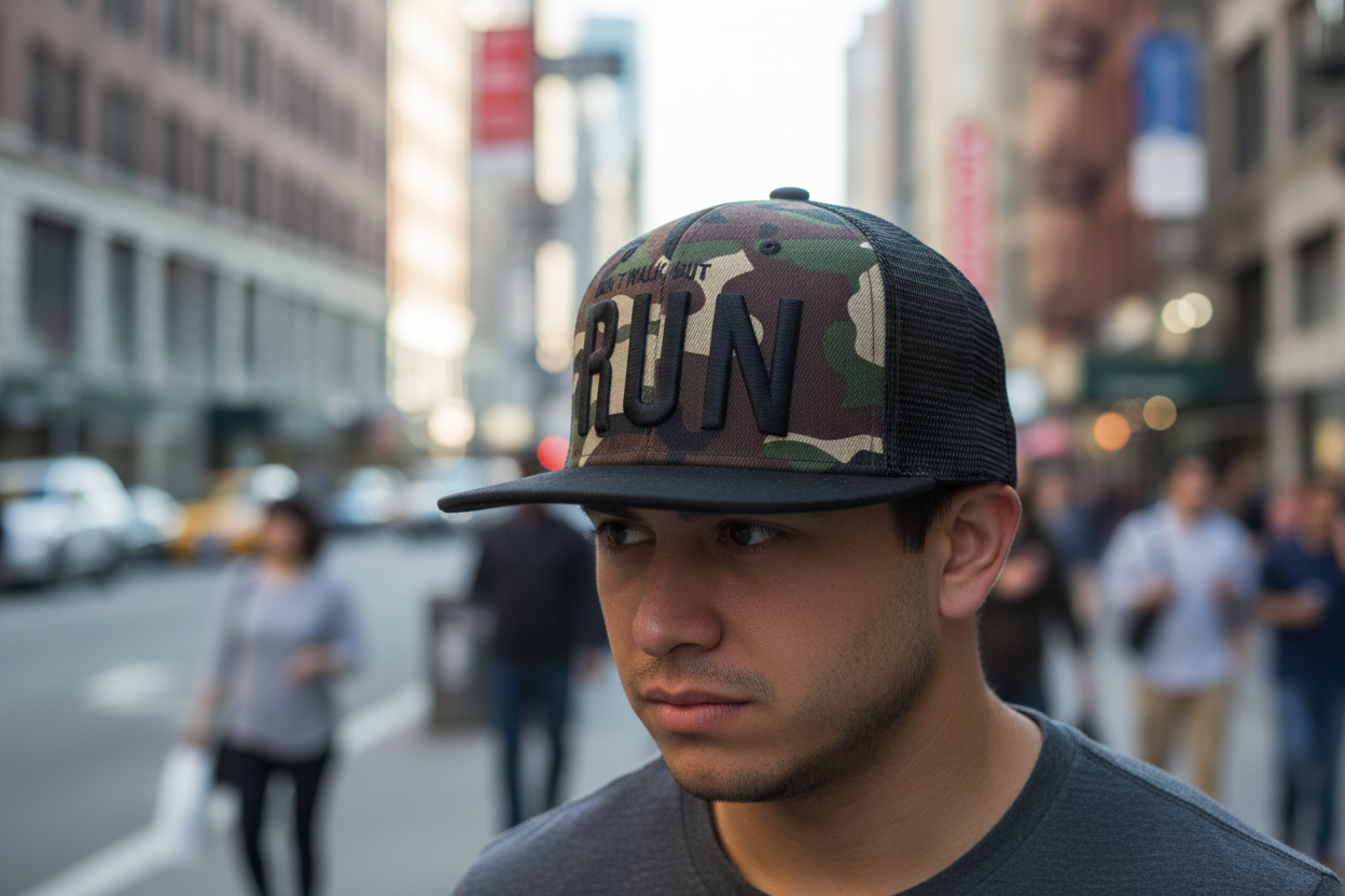 Camouflage cap with 'Don't Walk, Run' text on a white background