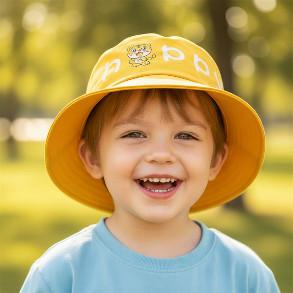 Yellow bucket hat with cartoon character and 'Happy' text on a green and white background
