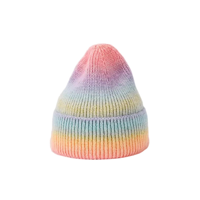 Multicolored striped beanie on a light gray background