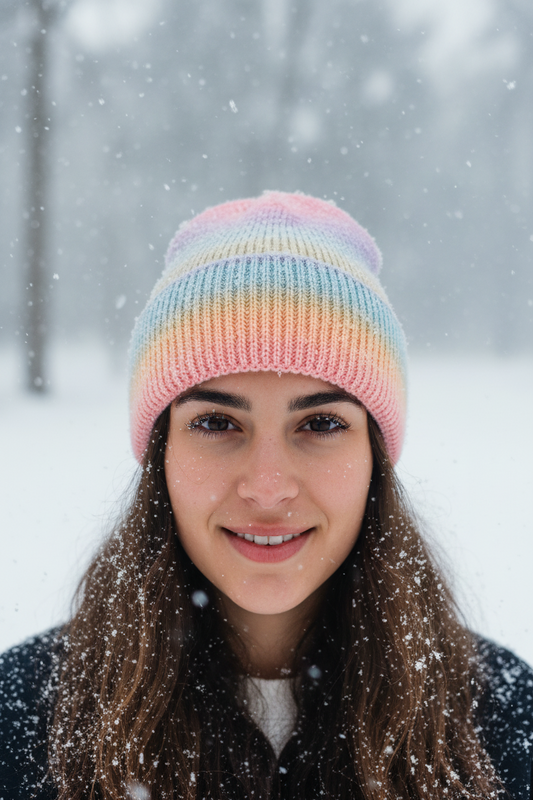 Multicolored striped beanie on a light gray background