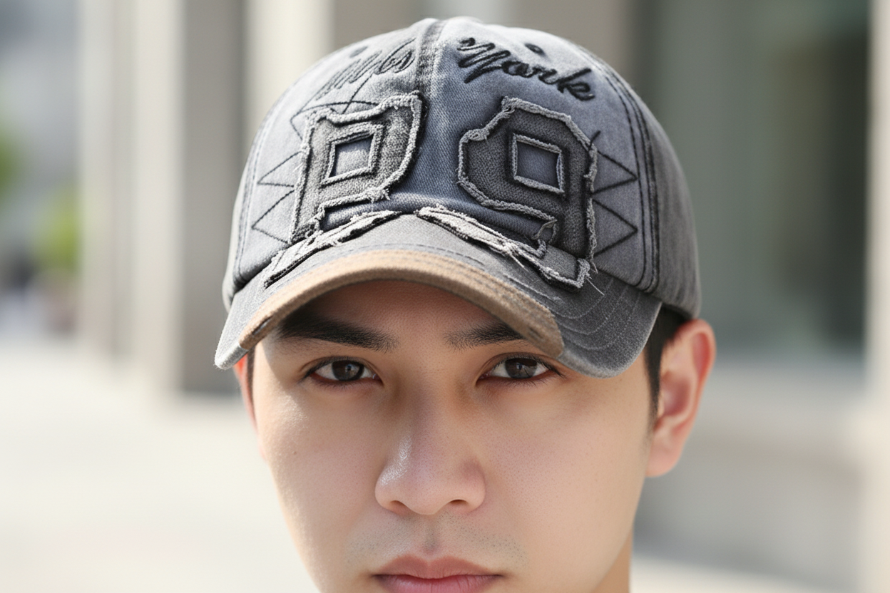 Gray distressed baseball cap with a logo on a white background