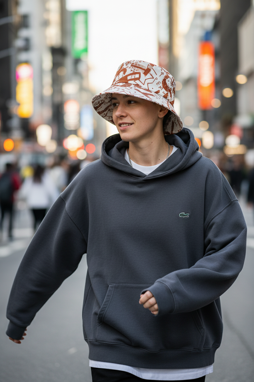 Bucket hat with brown abstract design on a white background