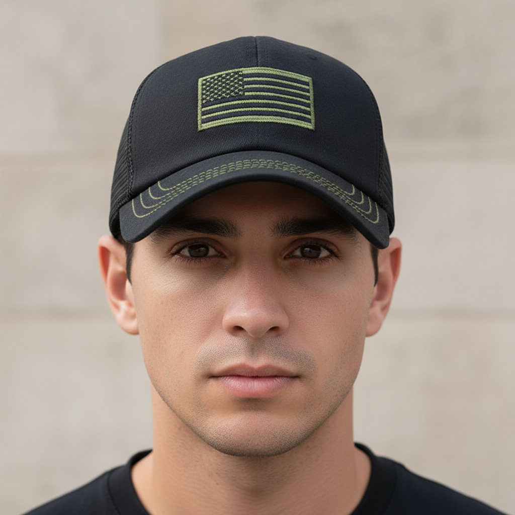 Black mesh cap with a green American flag patch on a white background