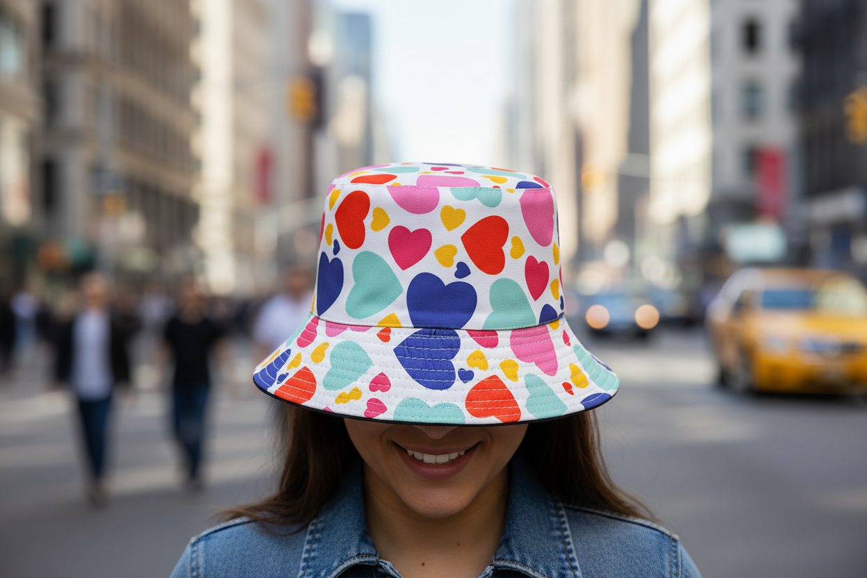 Colorful heart-patterned bucket hat on a white background