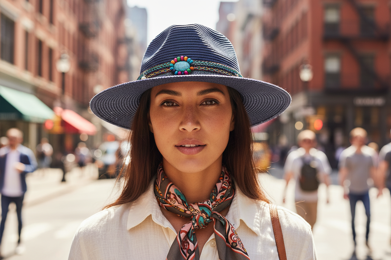 A navy blue cowboy straw hat with a decorative band featuring a multicolor bead and tassel design.