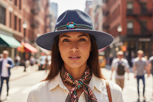 A navy blue cowboy straw hat with a decorative band featuring a multicolor bead and tassel design.