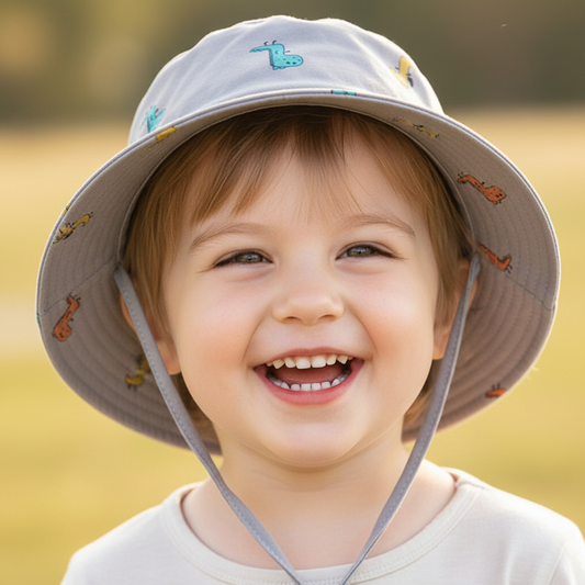 Two children's fisherman hats, one in yellow and one in white, both with cartoon dinosaur patterns, displayed side by side.