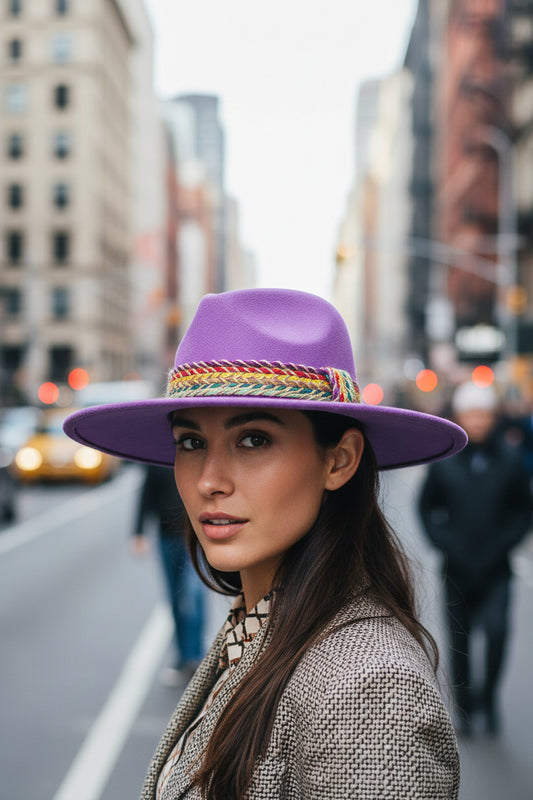 Purple hat with a colorful band on a white background
