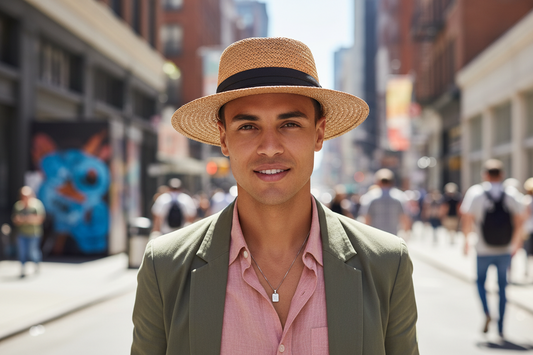 Brown straw hat with a black band on a white background