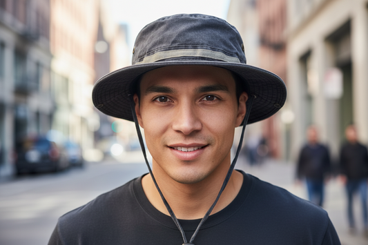 Gray bucket hat with a strap on a white background