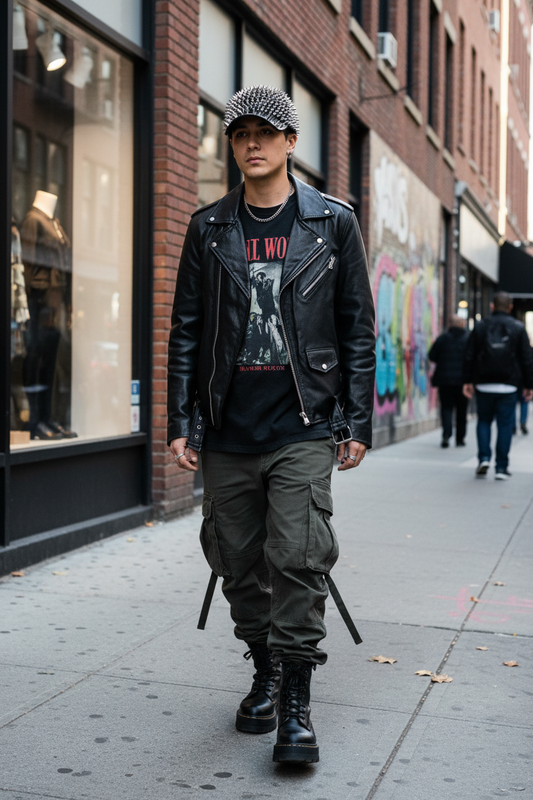 A collection of baseball caps with pointed rivets in various colors.