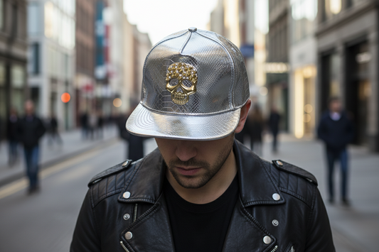 Silver metallic cap with a gold skull emblem on a white background