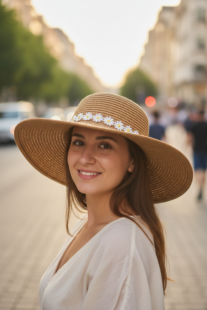 Brown straw hat with a white daisy flower band on a light blue background