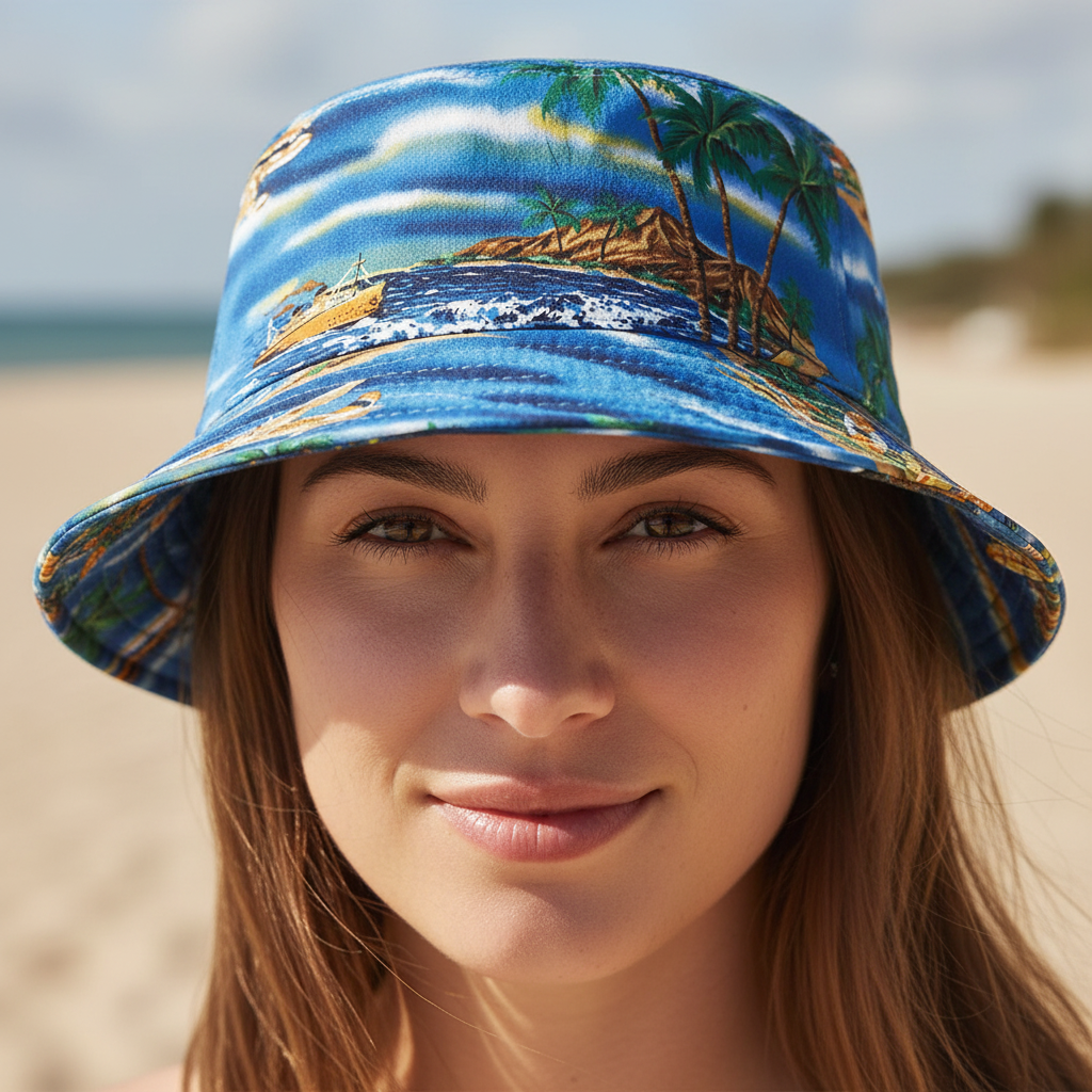 Two flat top fisherman hats with leisure beach sun protection, one with a beige floral pattern and another with a blue and green beach scene.