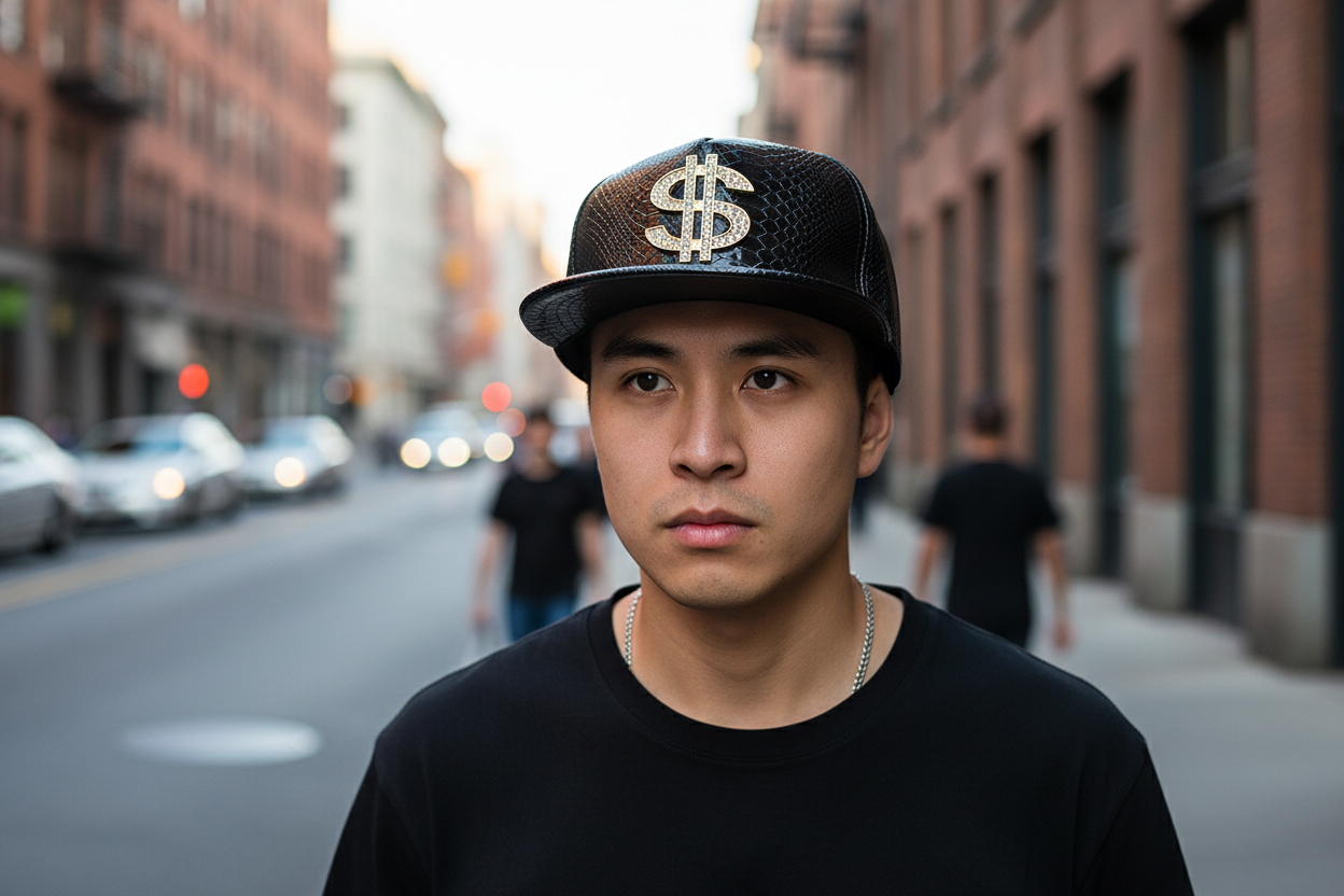 A silver-colored baseball cap with a gold skull pattern on the front.