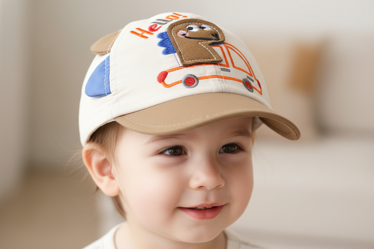 Children's cap with cartoon face and 'Hello!' text on a white background