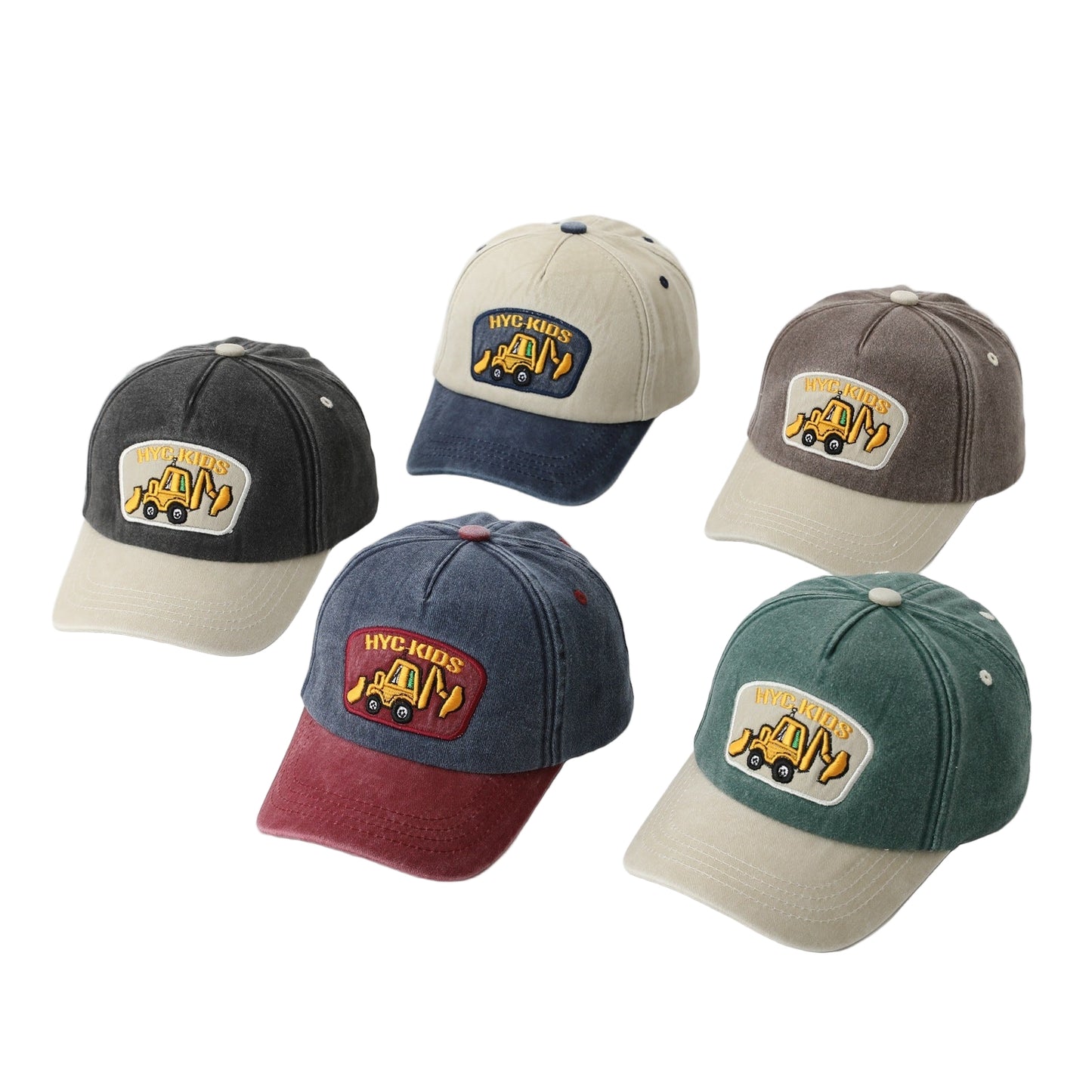 Five baseball caps with different color combinations and logos on a white background