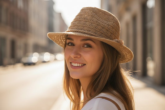 A beige crocheted raffia straw hat with a flat brim and a satin band.