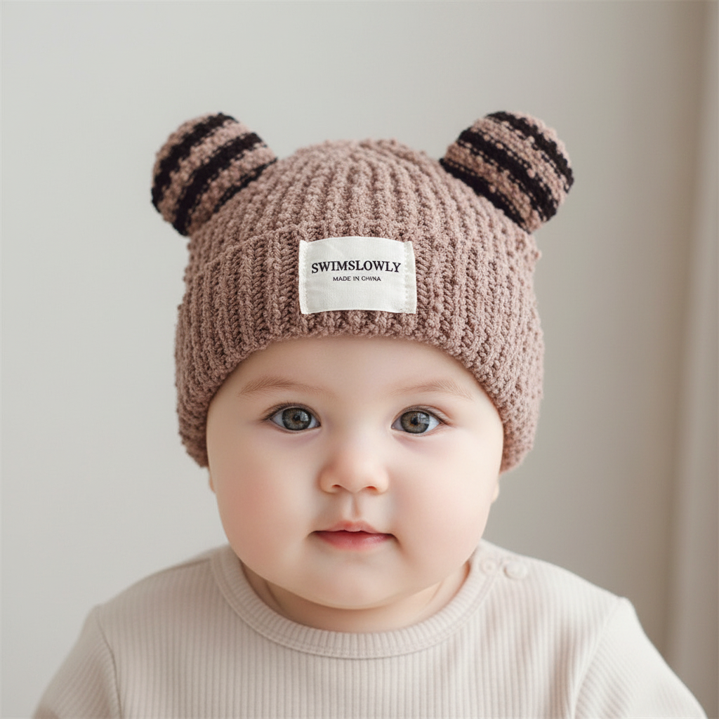A collection of children's knitted hats with ear style stripes, available in beige, black, brown, and white colors.
