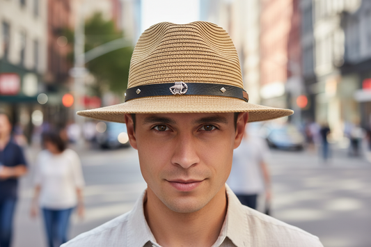 Beige straw hat with a black band featuring a brown patch on a white background