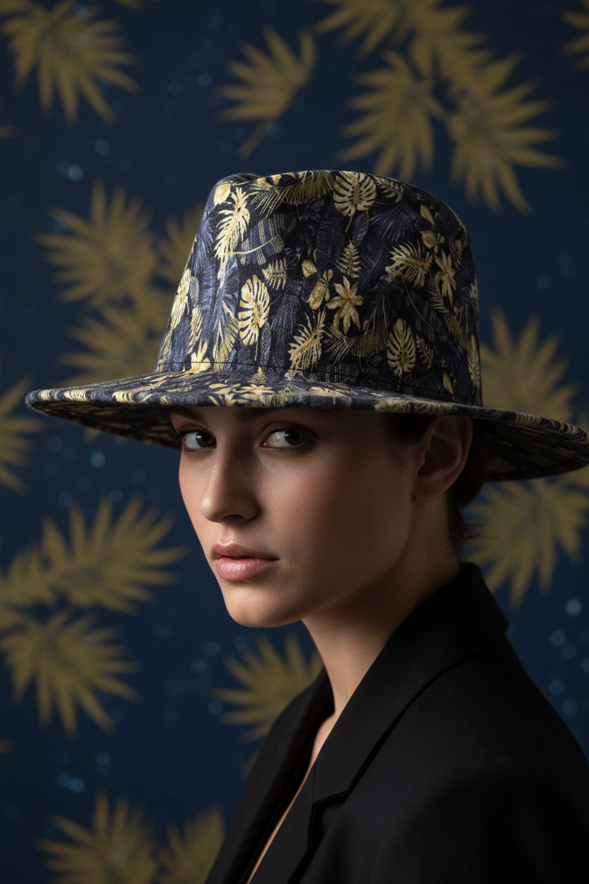 Augusta Wide-Brim Linen Fedora Hat, Leaf & Floral Print