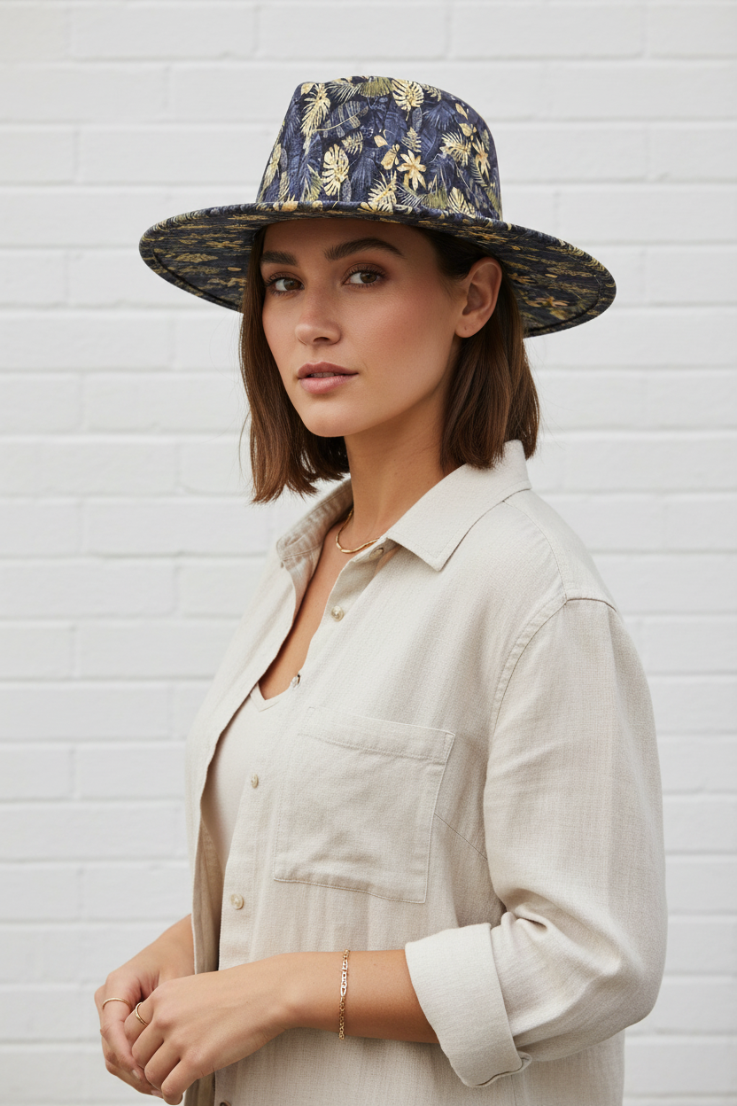 Augusta Wide-Brim Linen Fedora Hat, Leaf & Floral Print