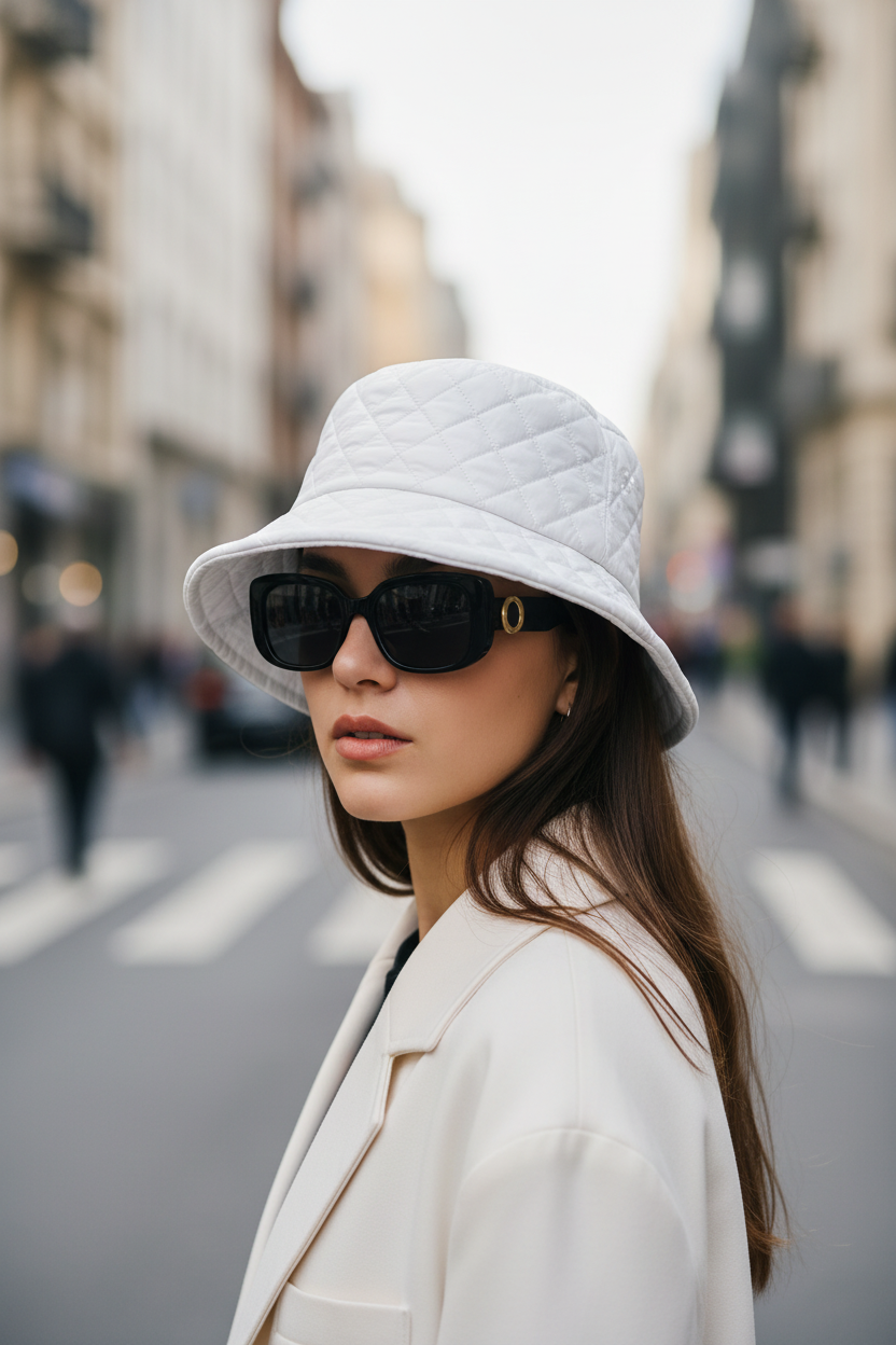 White quilted bucket hat on a wooden mannequin head against a white background