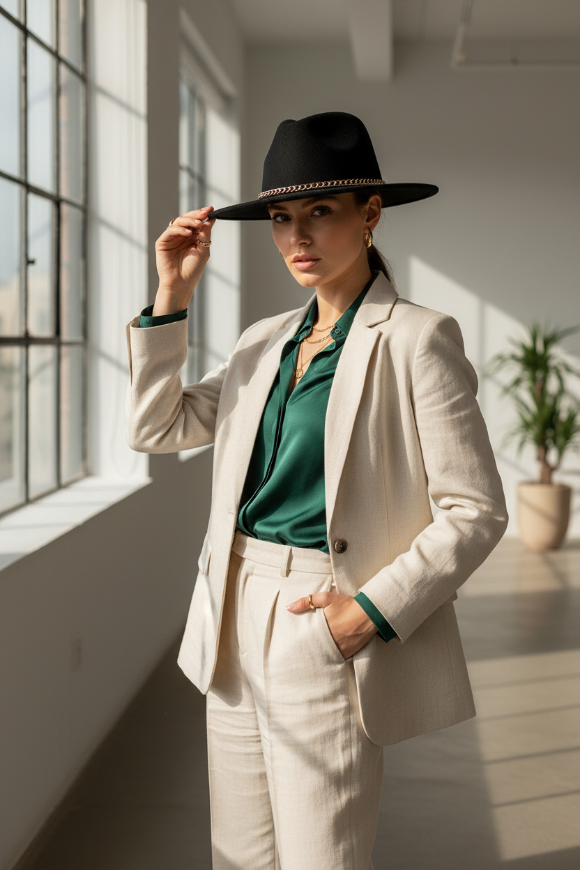 Brownstone Wool Tweed Fedora Hat with Gold Chain