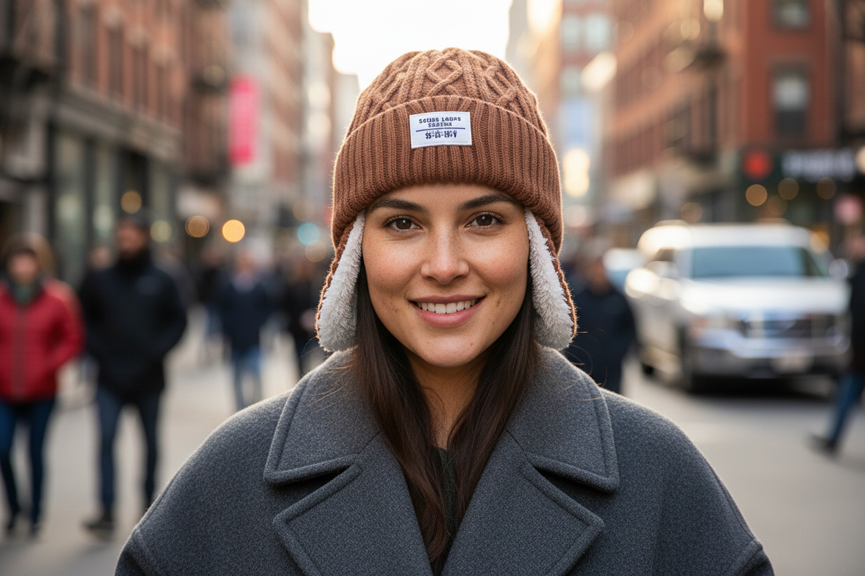 A collection of woolen caps in beige, black, gray, and brown colors, displayed on a surface, with one cap turned inside out to show the fleece lining.